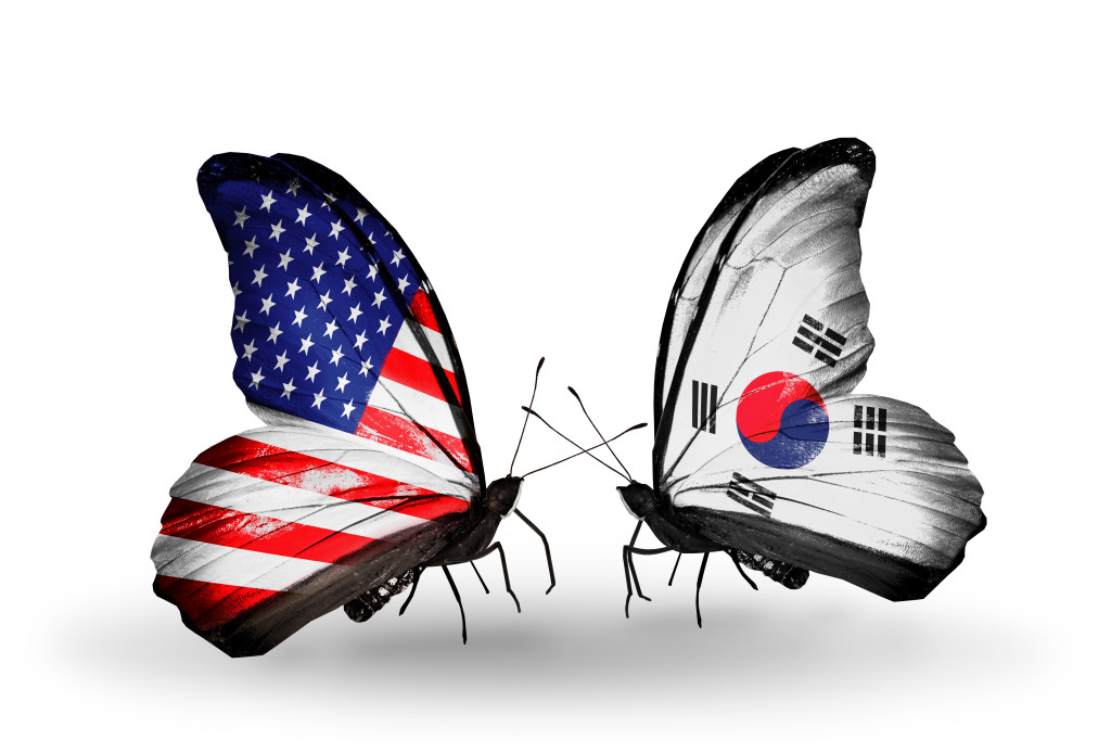 Two butterflies with flags on wings as symbol of relations USA and South Korea